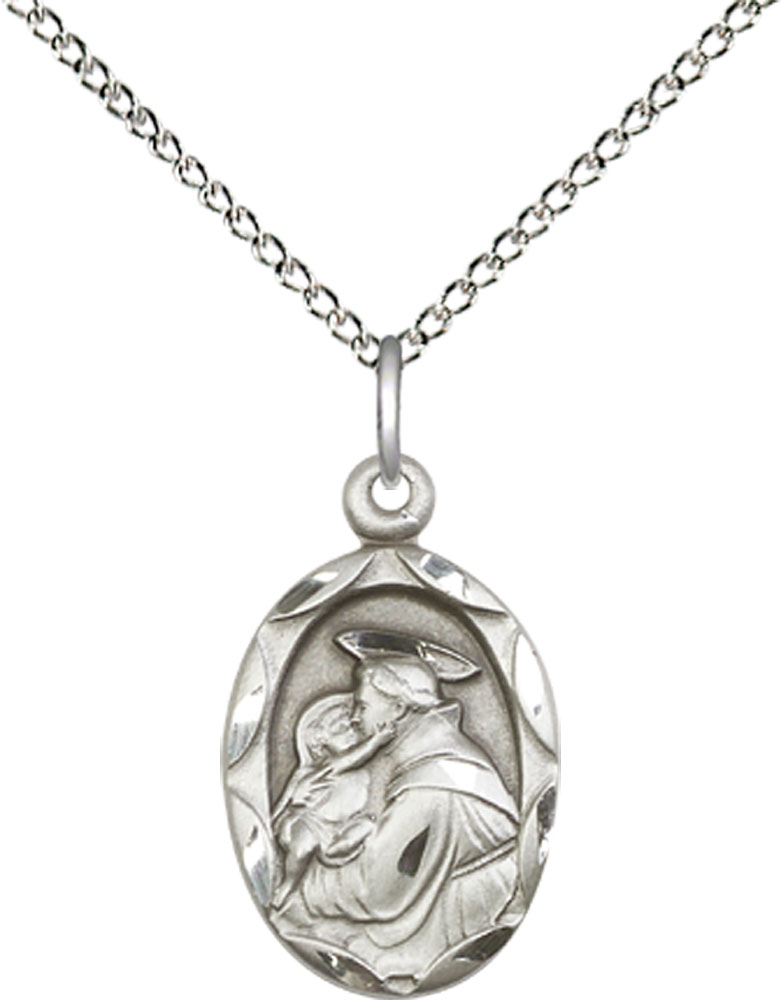Sterling Silver Saint Anthony of Padua Pendant on a 18 inch Sterling Silver Light Curb chain