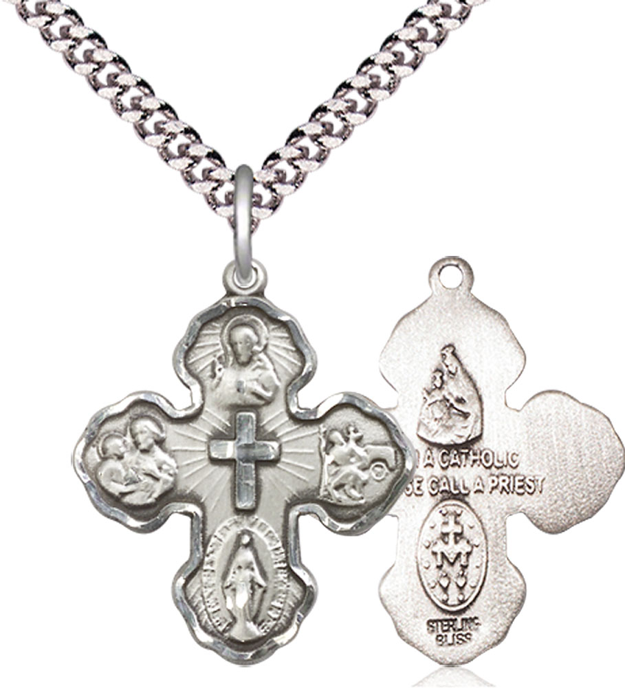 Sterling Silver 5-Way Pendant on a 24 inch Light Rhodium Heavy Curb chain