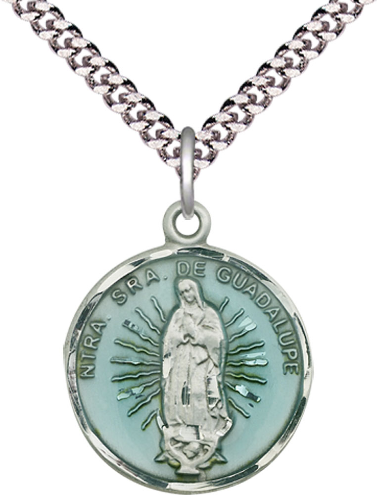 Sterling Silver Our Lady of Guadalupe Pendant on a 24 inch Light Rhodium Heavy Curb chain