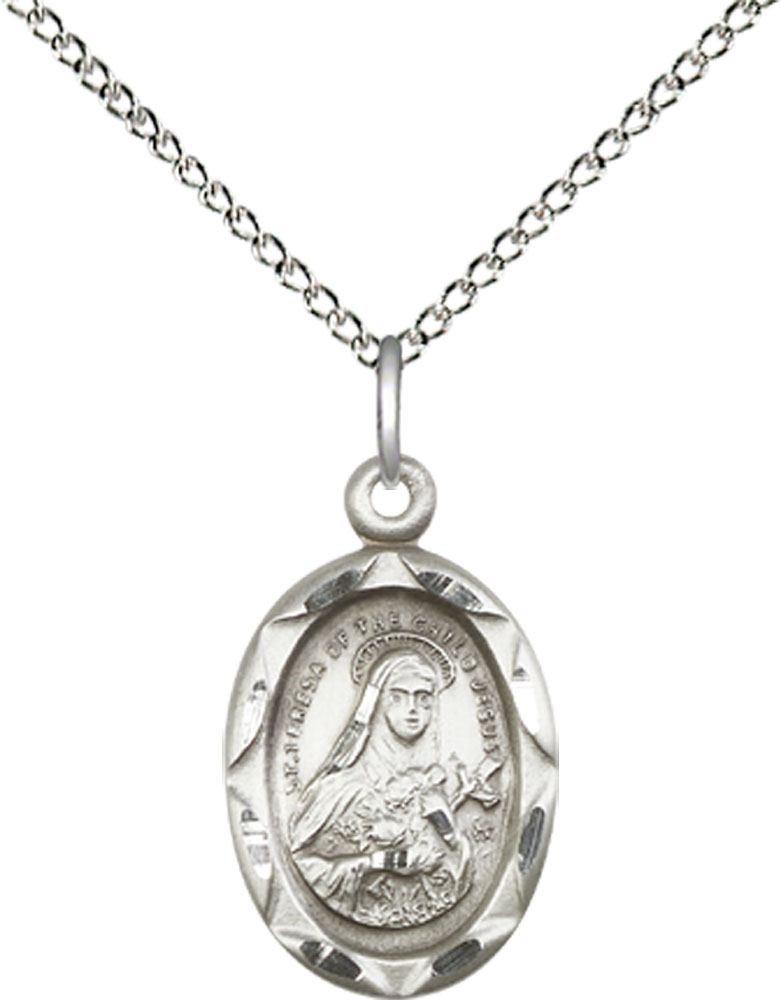 Sterling Silver Saint Theresa Pendant on a 18 inch Sterling Silver Light Curb chain
