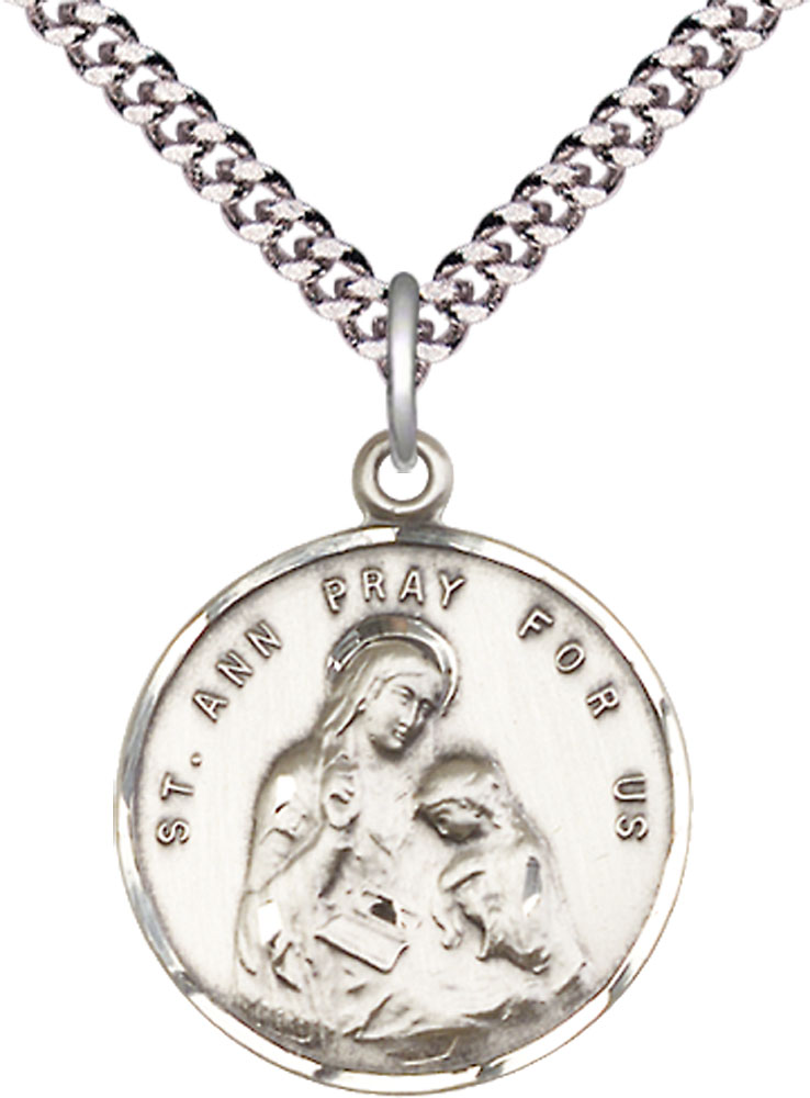 Sterling Silver Saint Ann Pendant on a 24 inch Light Rhodium Heavy Curb chain