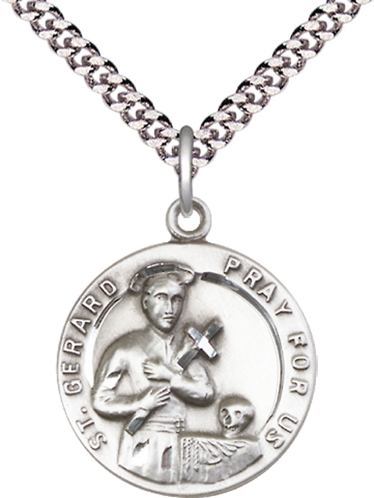 Sterling Silver Saint Gerard Pendant on a 24 inch Light Rhodium Heavy Curb chain