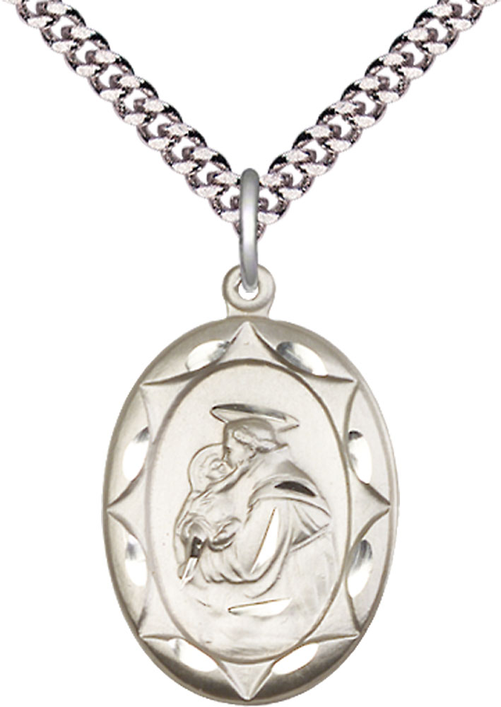 Sterling Silver Saint Anthony Pendant on a 24 inch Light Rhodium Heavy Curb chain