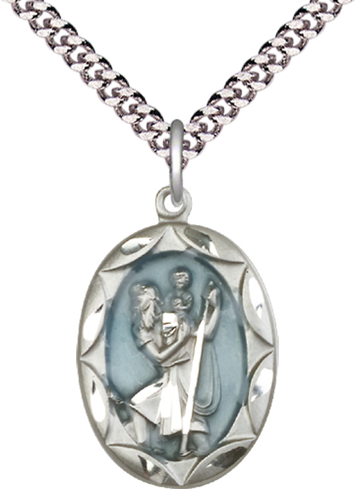 Sterling Silver Saint Christopher Pendant on a 24 inch Light Rhodium Heavy Curb chain
