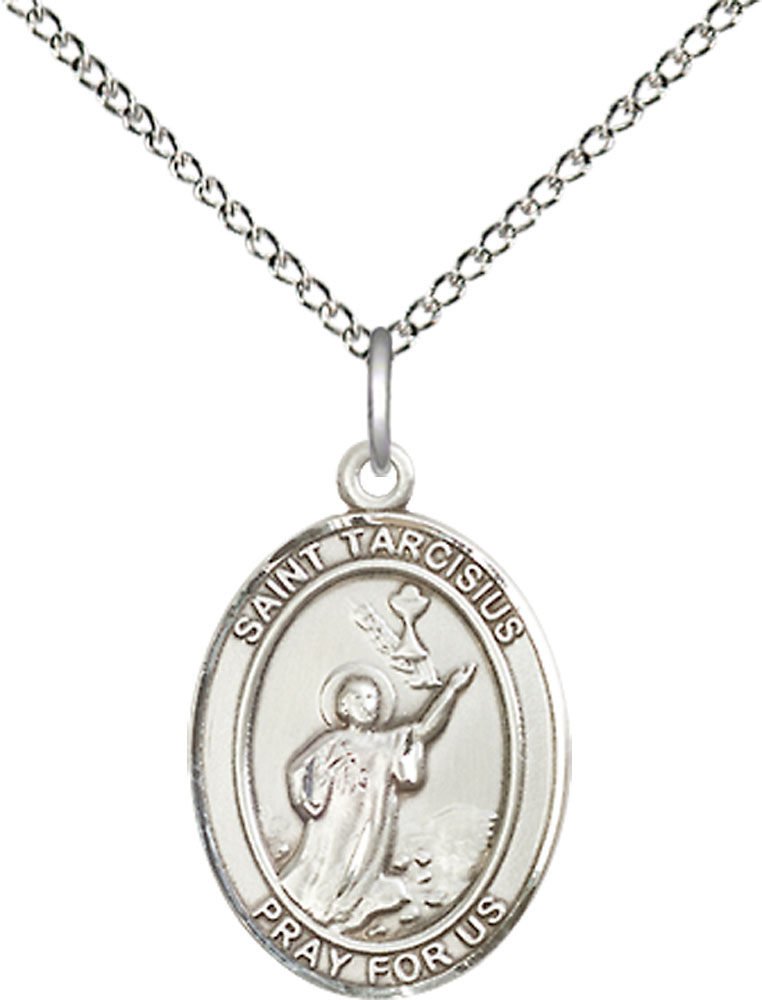 Sterling Silver Saint Tarcisius Pendant on a 18 inch Sterling Silver Light Curb chain