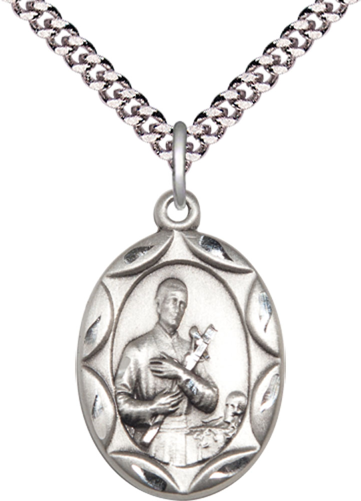 Sterling Silver Saint Gerard Pendant on a 24 inch Light Rhodium Heavy Curb chain