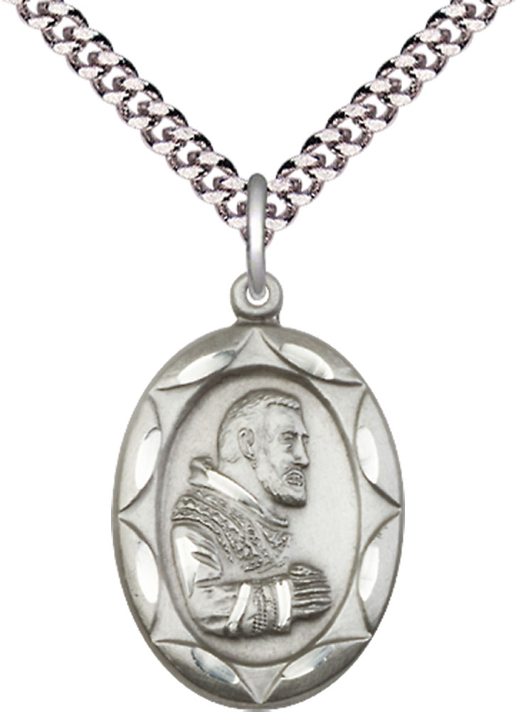 Sterling Silver Saint Pio of Pietrelcina Pendant on a 24 inch Light Rhodium Heavy Curb chain