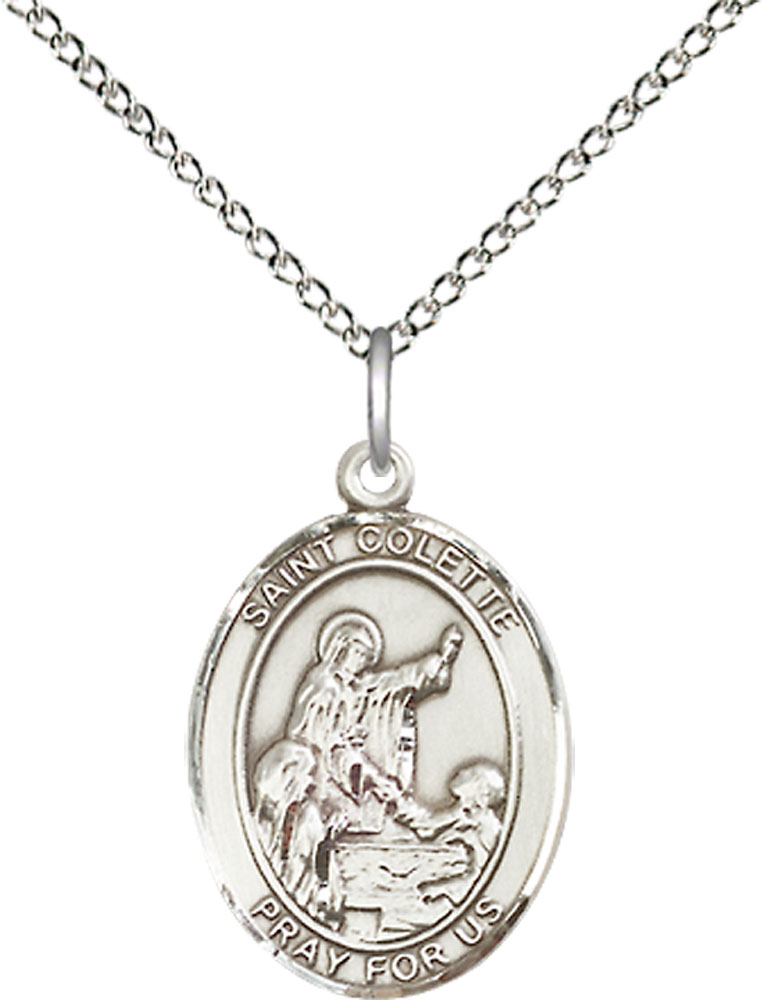 Sterling Silver Saint Colette Pendant on a 18 inch Sterling Silver Light Curb chain