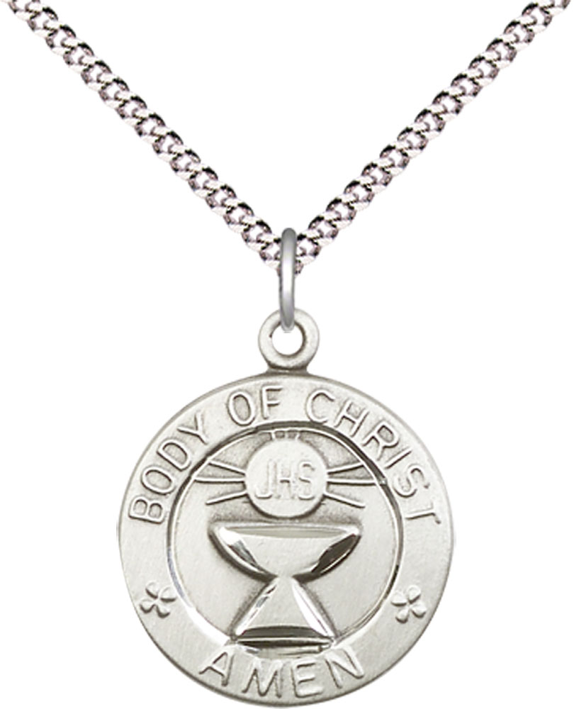 Sterling Silver Body of Christ Pendant on a 18 inch Light Rhodium Light Curb chain