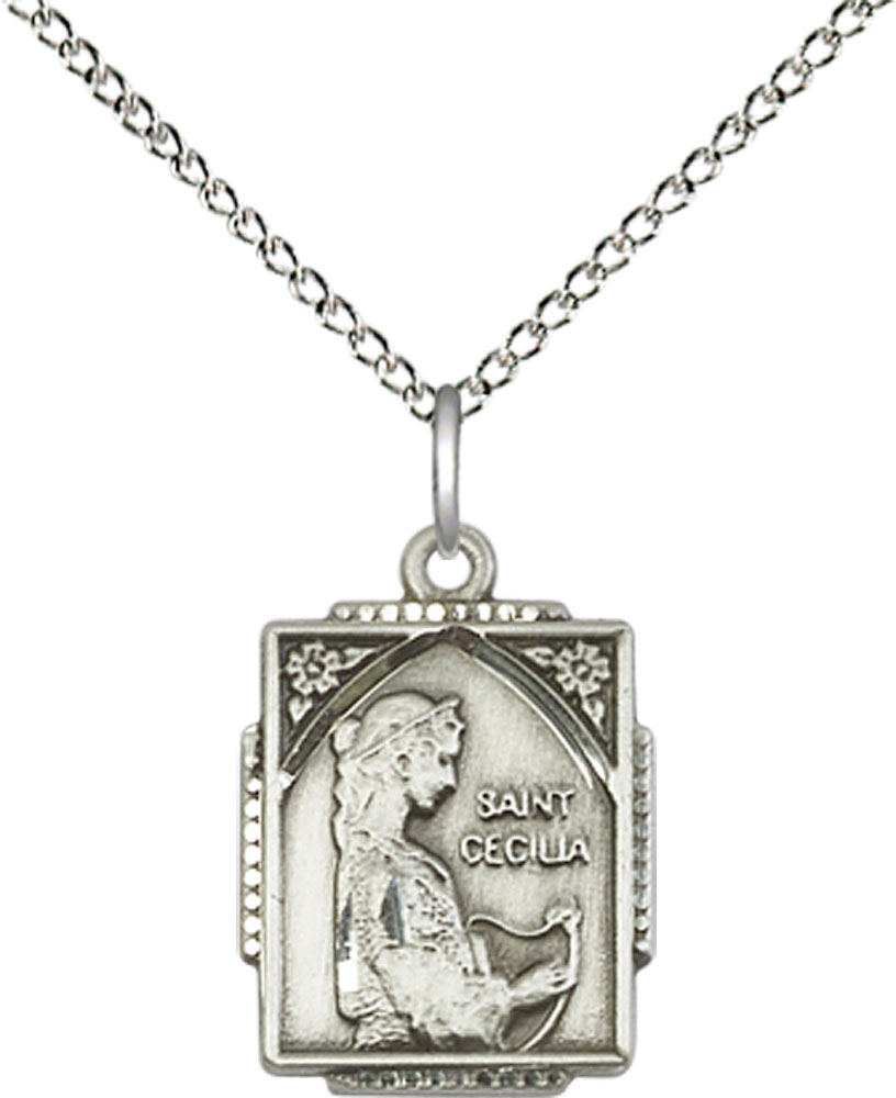 Sterling Silver Saint Cecilia Pendant on a 18 inch Sterling Silver Light Curb chain