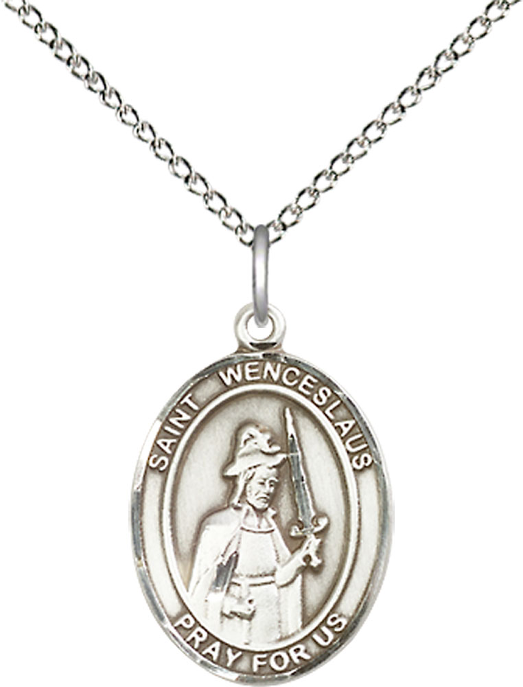 Sterling Silver Saint Wenceslaus Pendant on a 18 inch Sterling Silver Light Curb chain