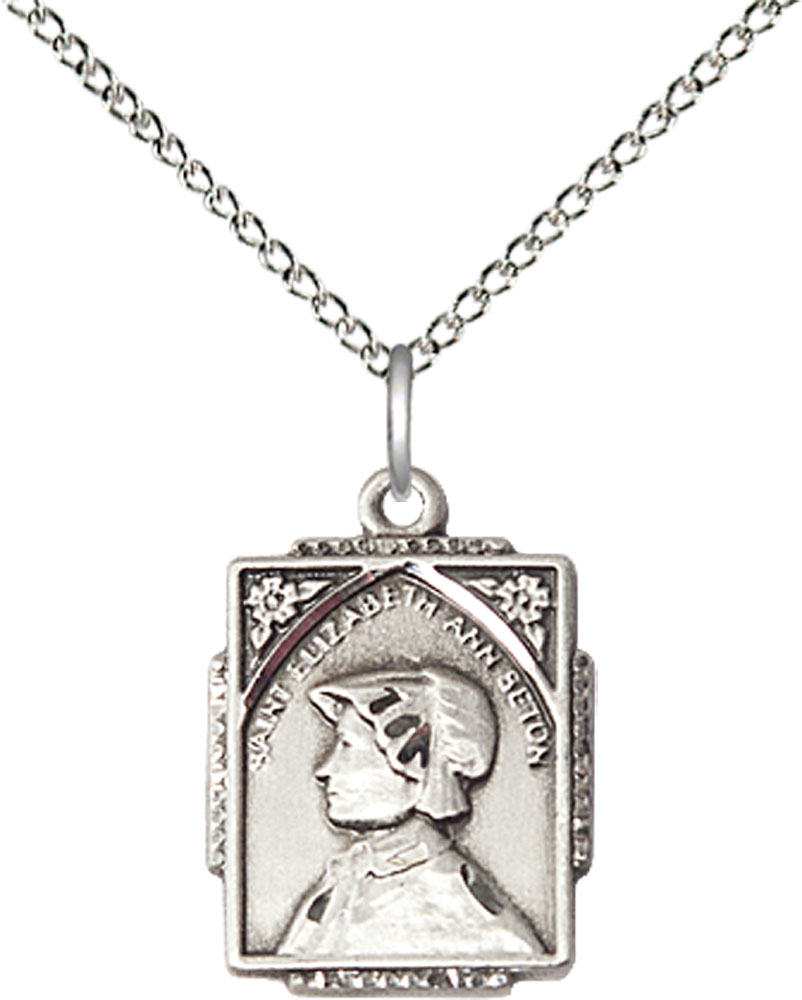 Sterling Silver Saint Elizabeth Ann Seton Pendant on a 18 inch Sterling Silver Light Curb chain