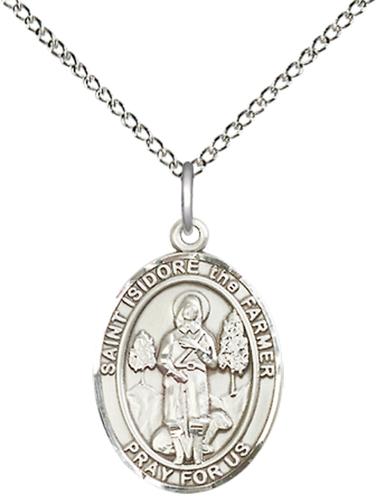 Sterling Silver Saint Isidore the Farmer Pendant on a 18 inch Sterling Silver Light Curb chain