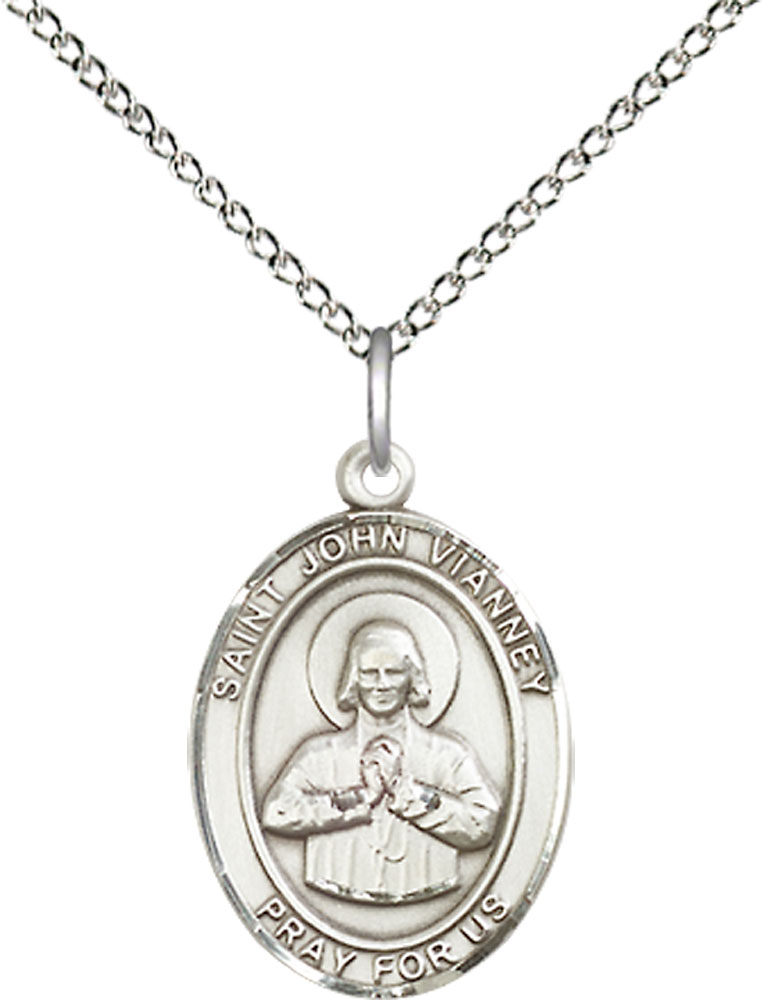 Sterling Silver Saint John Vianney Pendant on a 18 inch Sterling Silver Light Curb chain