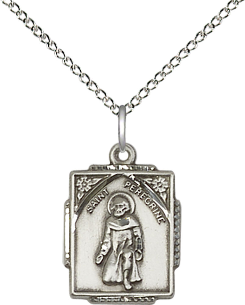 Sterling Silver Saint Peregrine Pendant on a 18 inch Sterling Silver Light Curb chain