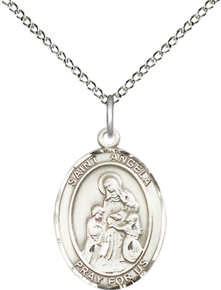 Sterling Silver Saint Angela Merici Pendant on a 18 inch Sterling Silver Light Curb chain