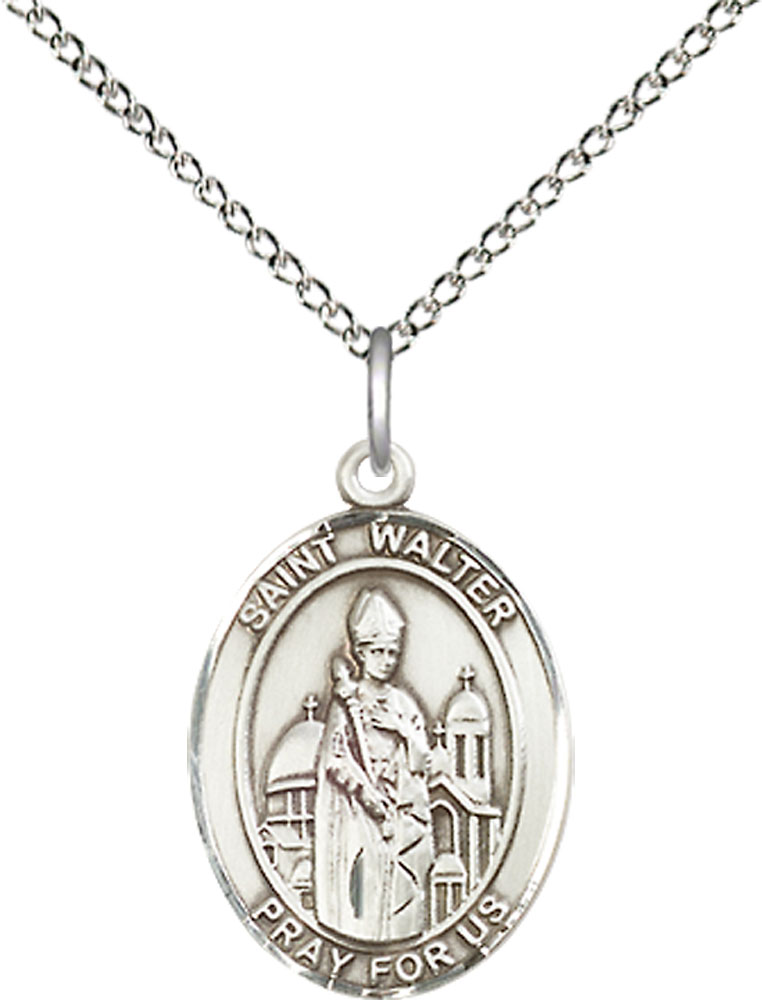 Sterling Silver Saint Walter of Pontnoise Pendant on a 18 inch Sterling Silver Light Curb chain