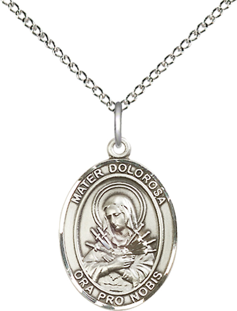 Sterling Silver Mater Dolorosa Pendant on a 18 inch Sterling Silver Light Curb chain