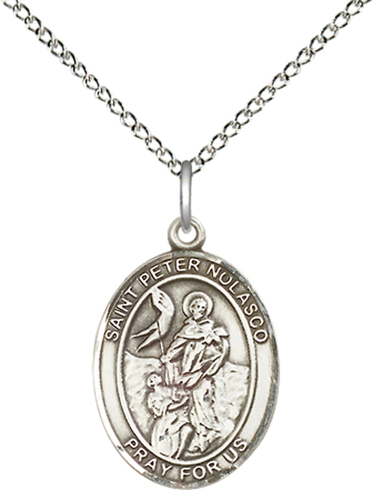 Sterling Silver Saint Peter Nolasco Pendant on a 18 inch Sterling Silver Light Curb chain
