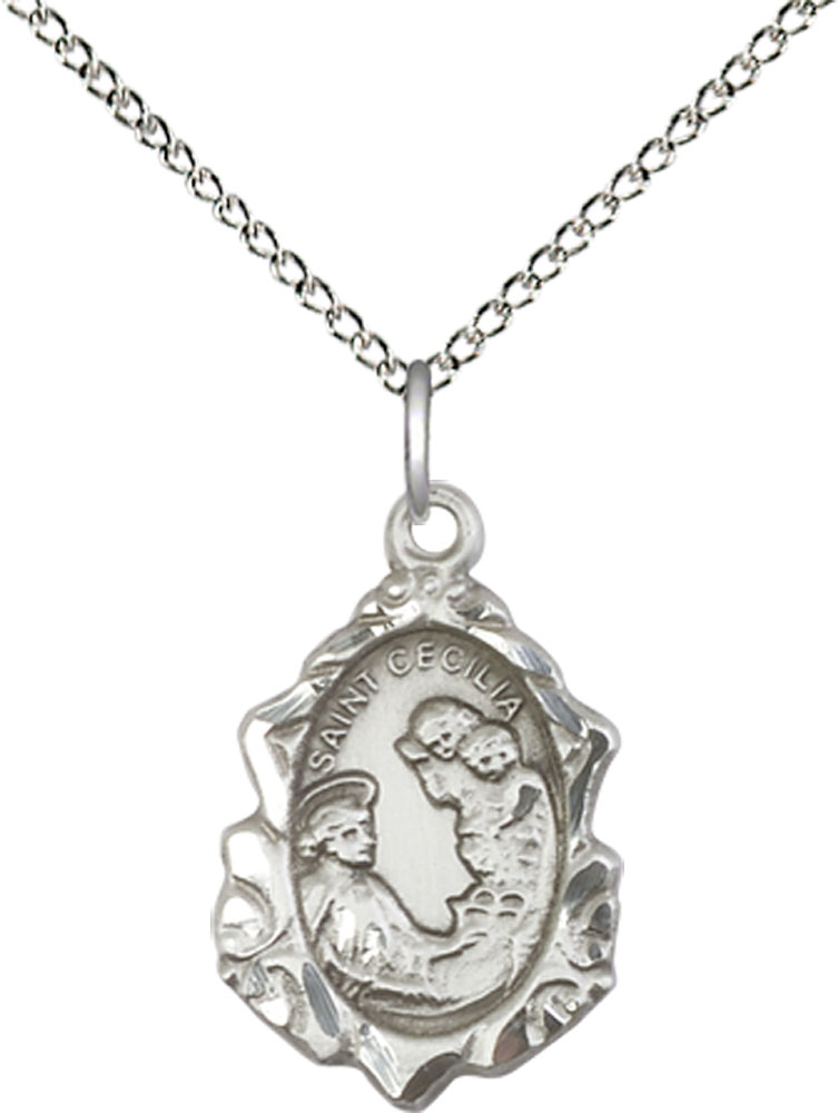Sterling Silver Saint Cecilia Pendant on a 18 inch Sterling Silver Light Curb chain