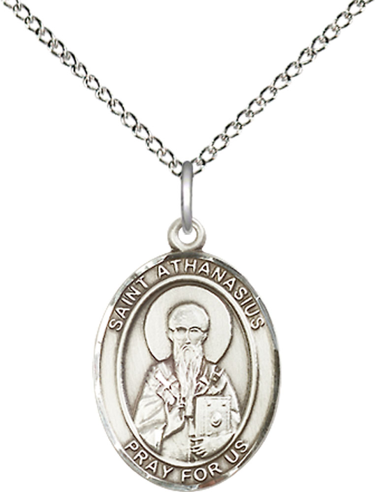 Sterling Silver Saint Athanasius Pendant on a 18 inch Sterling Silver Light Curb chain