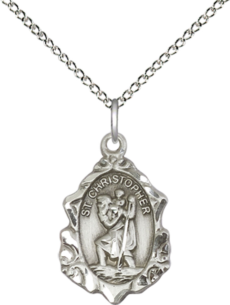 Sterling Silver Saint Christopher Pendant on a 18 inch Sterling Silver Light Curb chain