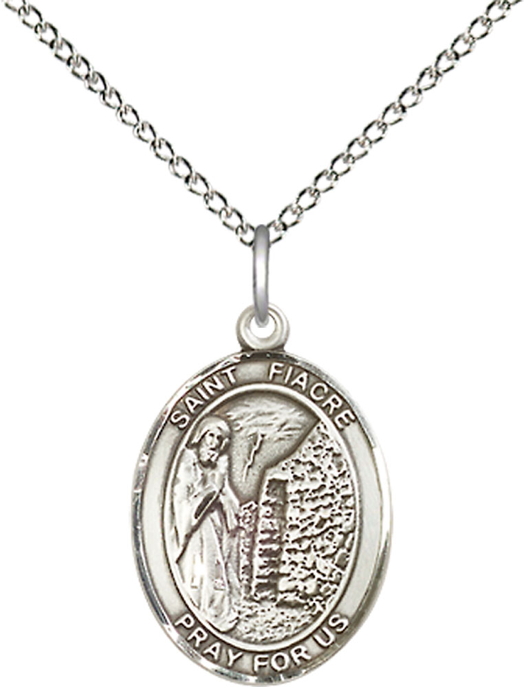 Sterling Silver Saint Fiacre Pendant on a 18 inch Sterling Silver Light Curb chain