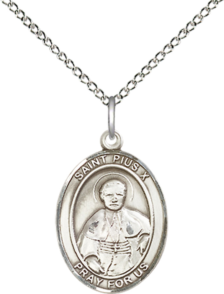 Sterling Silver Saint Pius X Pendant on a 18 inch Sterling Silver Light Curb chain