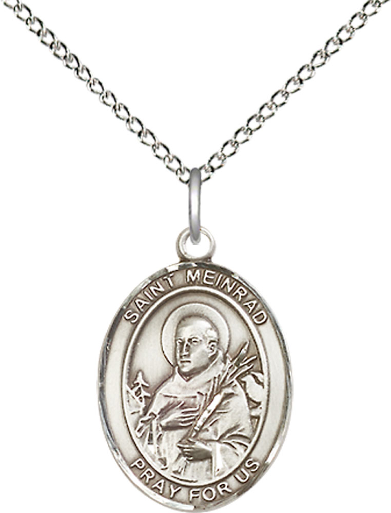 Sterling Silver Saint Meinrad of Einsideln Pendant on a 18 inch Sterling Silver Light Curb chain