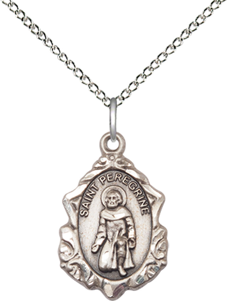 Sterling Silver Saint Peregrine Pendant on a 18 inch Sterling Silver Light Curb chain