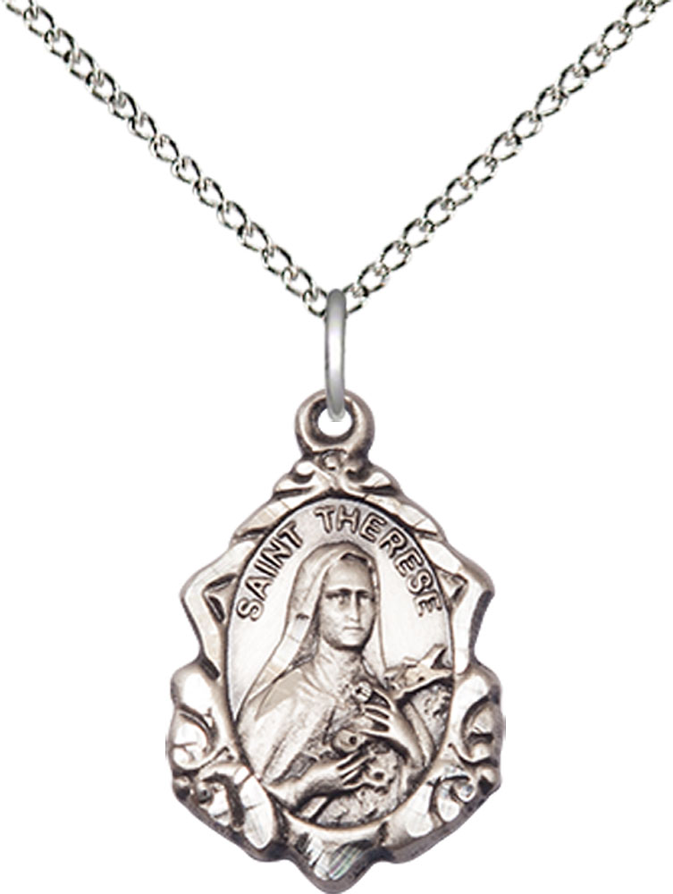 Sterling Silver Saint Therese of Lisieux Pendant on a 18 inch Sterling Silver Light Curb chain