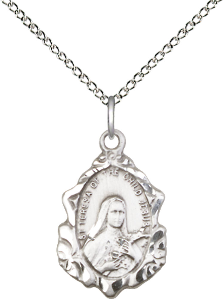 Sterling Silver Saint Theresa Pendant on a 18 inch Sterling Silver Light Curb chain