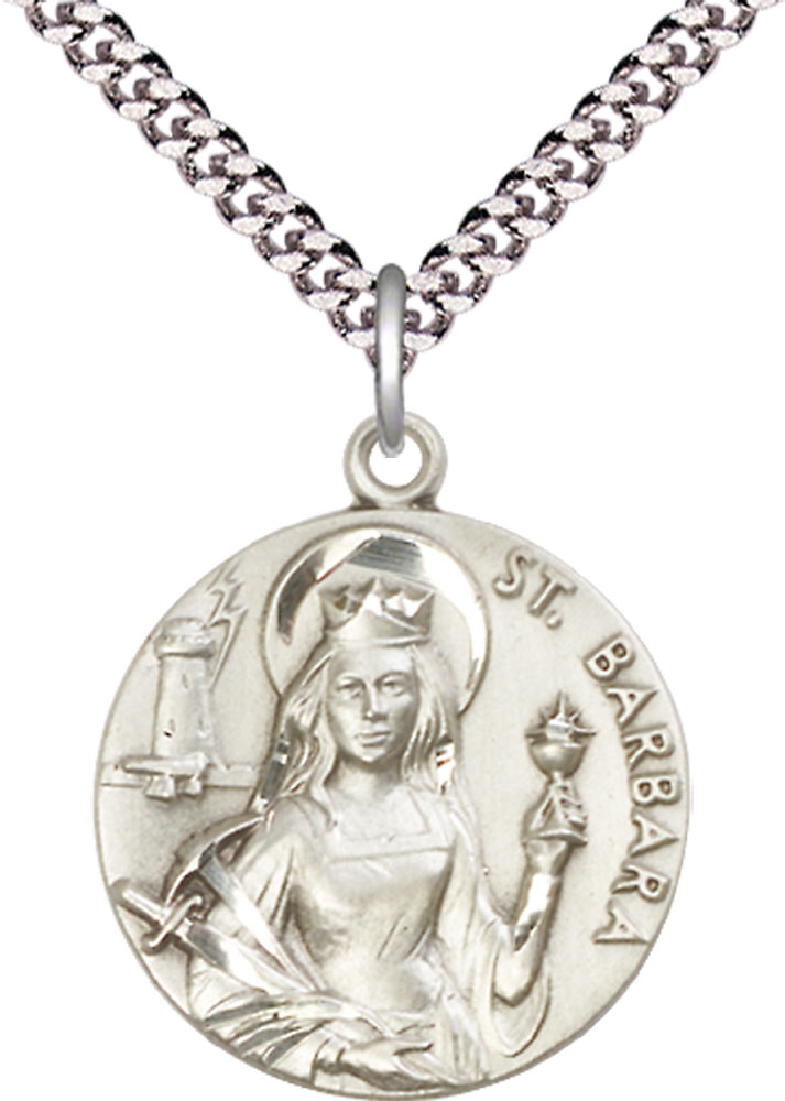 Sterling Silver Saint Barbara Pendant on a 24 inch Light Rhodium Heavy Curb chain