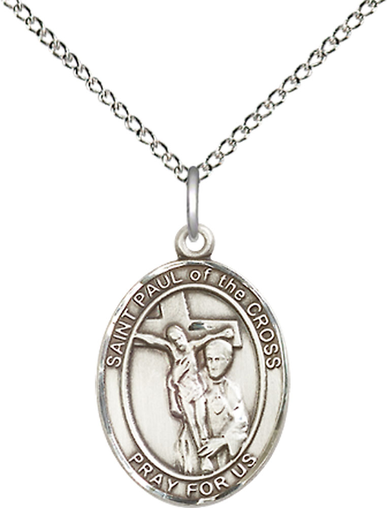 Sterling Silver Saint Paul of the Cross Pendant on a 18 inch Sterling Silver Light Curb chain