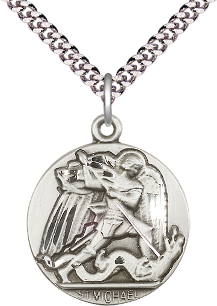 Sterling Silver Saint Michael the Archangel Pendant on a 24 inch Light Rhodium Heavy Curb chain