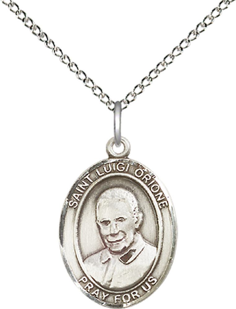 Sterling Silver Saint Luigi Orione Pendant on a 18 inch Sterling Silver Light Curb chain