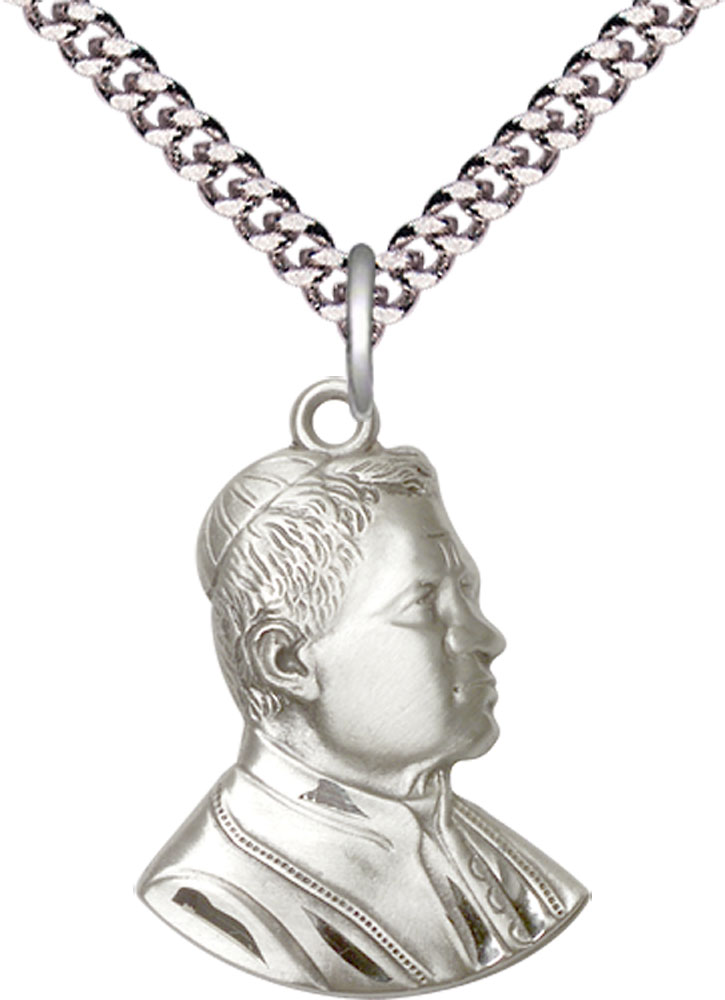 Sterling Silver Saint Pius X Pendant on a 24 inch Light Rhodium Heavy Curb chain