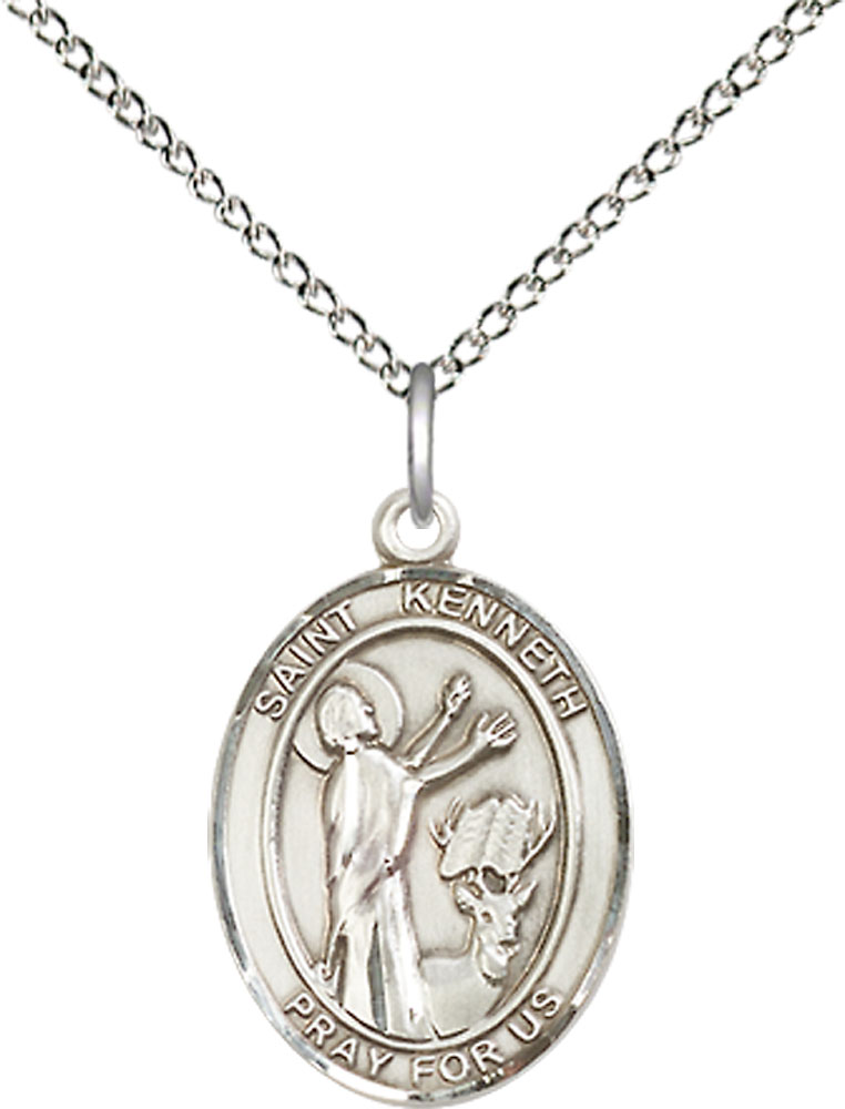 Sterling Silver Saint Kenneth Pendant on a 18 inch Sterling Silver Light Curb chain