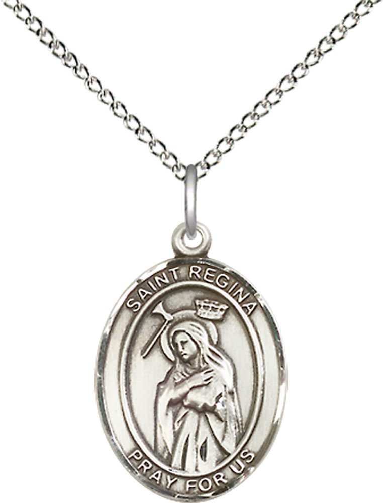 Sterling Silver Saint Regina Pendant on a 18 inch Sterling Silver Light Curb chain