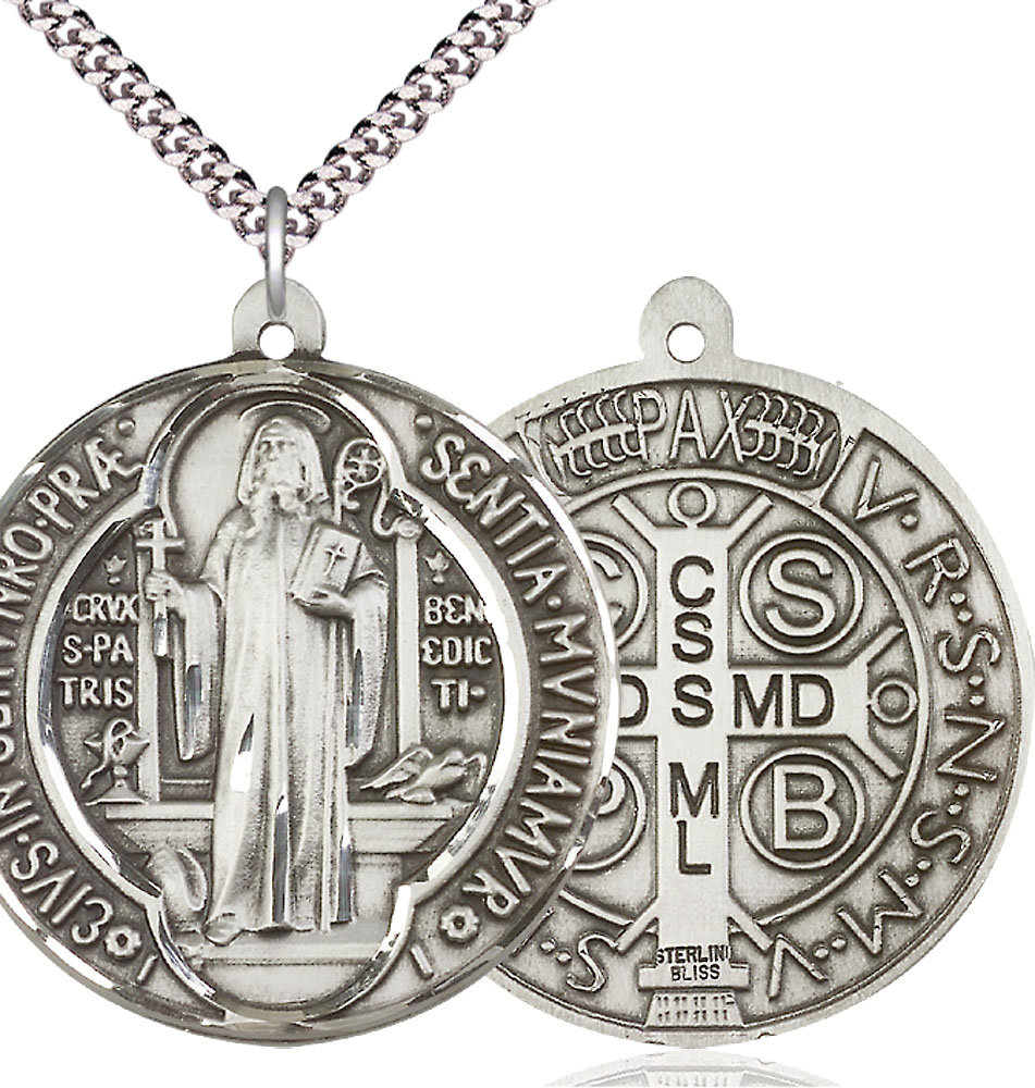 Sterling Silver Saint Benedict Pendant on a 24 inch Light Rhodium Heavy Curb chain