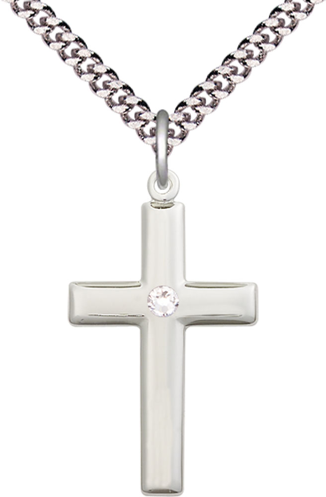 Sterling Silver Cross Pendant with a 3mm Crystal Swarovski stone on a 24 inch Light Rhodium Heavy Curb chain