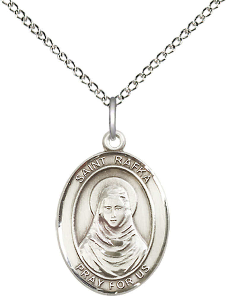 Sterling Silver Saint Rafka Pendant on a 18 inch Sterling Silver Light Curb chain