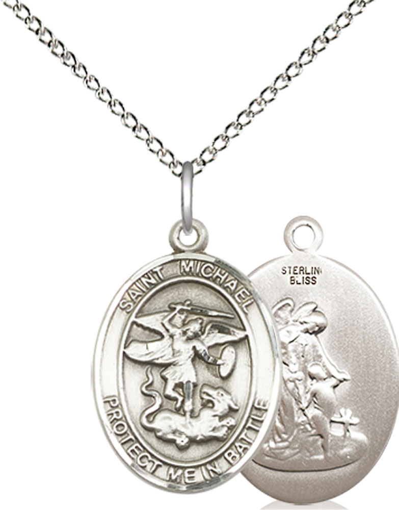 Sterling Silver Saint Michael Guardian Angel Pendant on a 18 inch Sterling Silver Light Curb chain