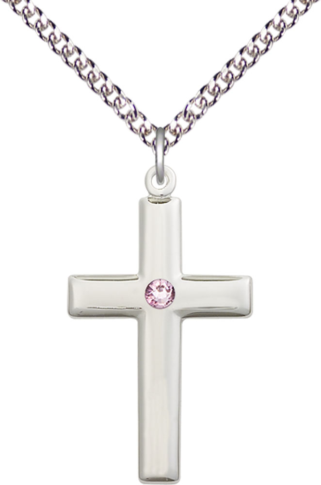 Sterling Silver Cross Pendant with a 3mm Light Amethyst Swarovski stone on a 24 inch Sterling Silver Heavy Curb chain