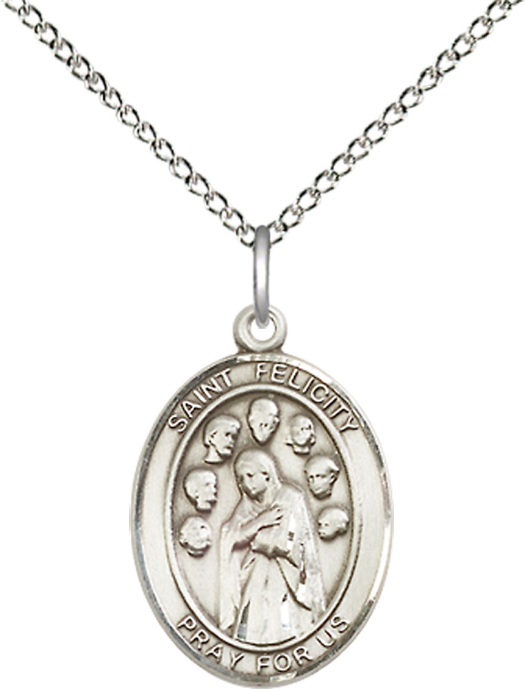 Sterling Silver Saint Felicity Pendant on a 18 inch Sterling Silver Light Curb chain