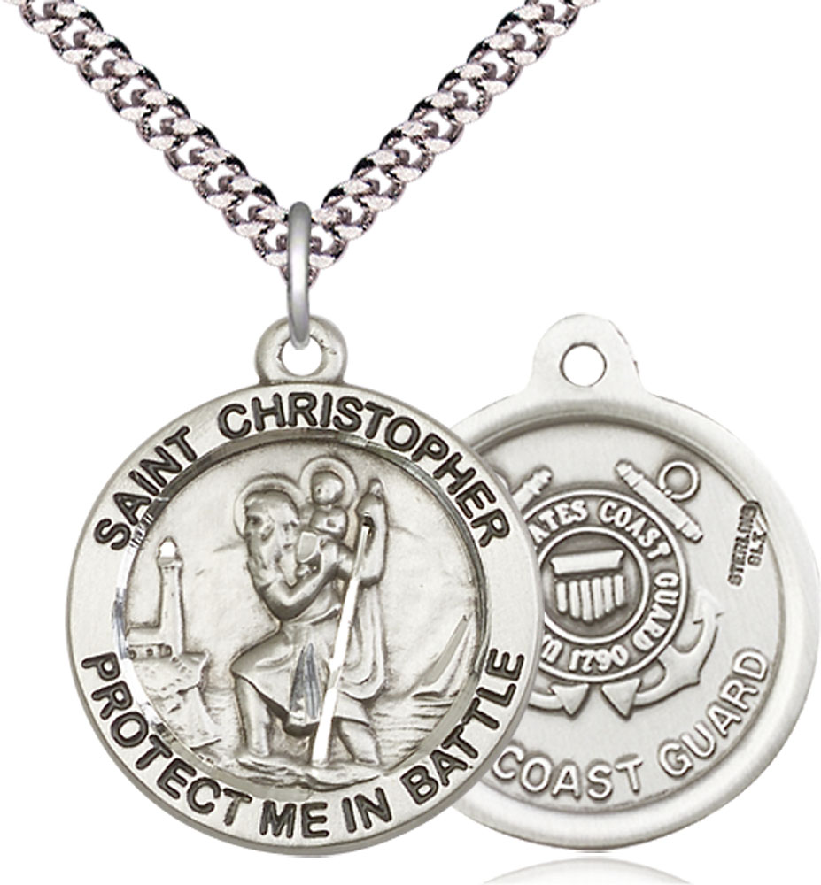Sterling Silver Saint Christopher Coast Guard Pendant on a 24 inch Light Rhodium Heavy Curb chain