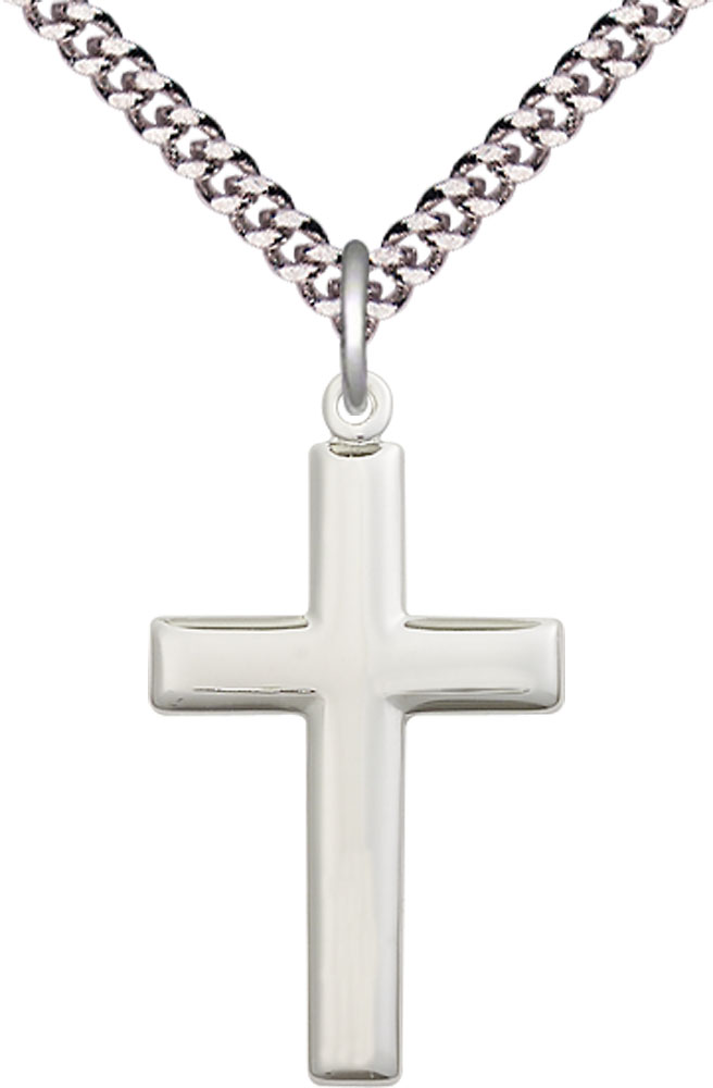 Sterling Silver Cross Pendant on a 24 inch Light Rhodium Heavy Curb chain