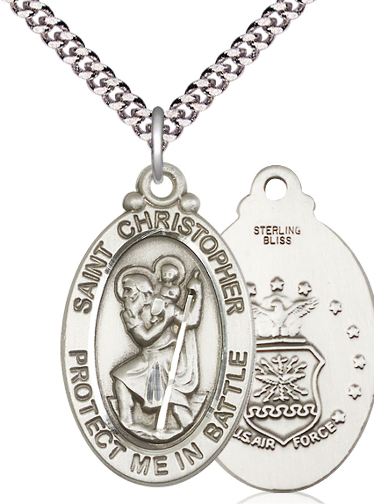 Sterling Silver Saint Christopher Air Force Pendant on a 24 inch Light Rhodium Heavy Curb chain