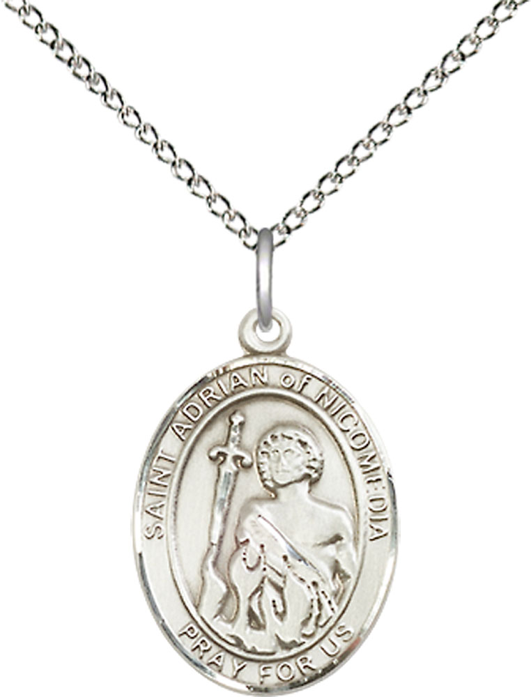 Sterling Silver Saint Adrian of Nicomedia Pendant on a 18 inch Sterling Silver Light Curb chain