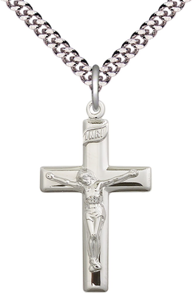 Sterling Silver Crucifix Pendant on a 24 inch Light Rhodium Heavy Curb chain